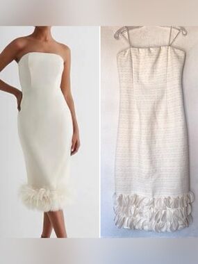 Lalavon Ivory Tweed Strapless 3D Petal Bottom Midi Dress Large -Bridal Formal
